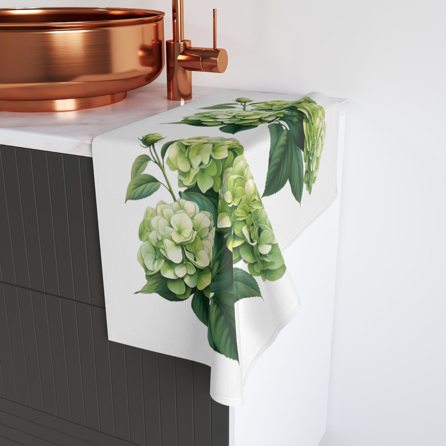 Green Hydrangea on White Polycotton Hand Towel