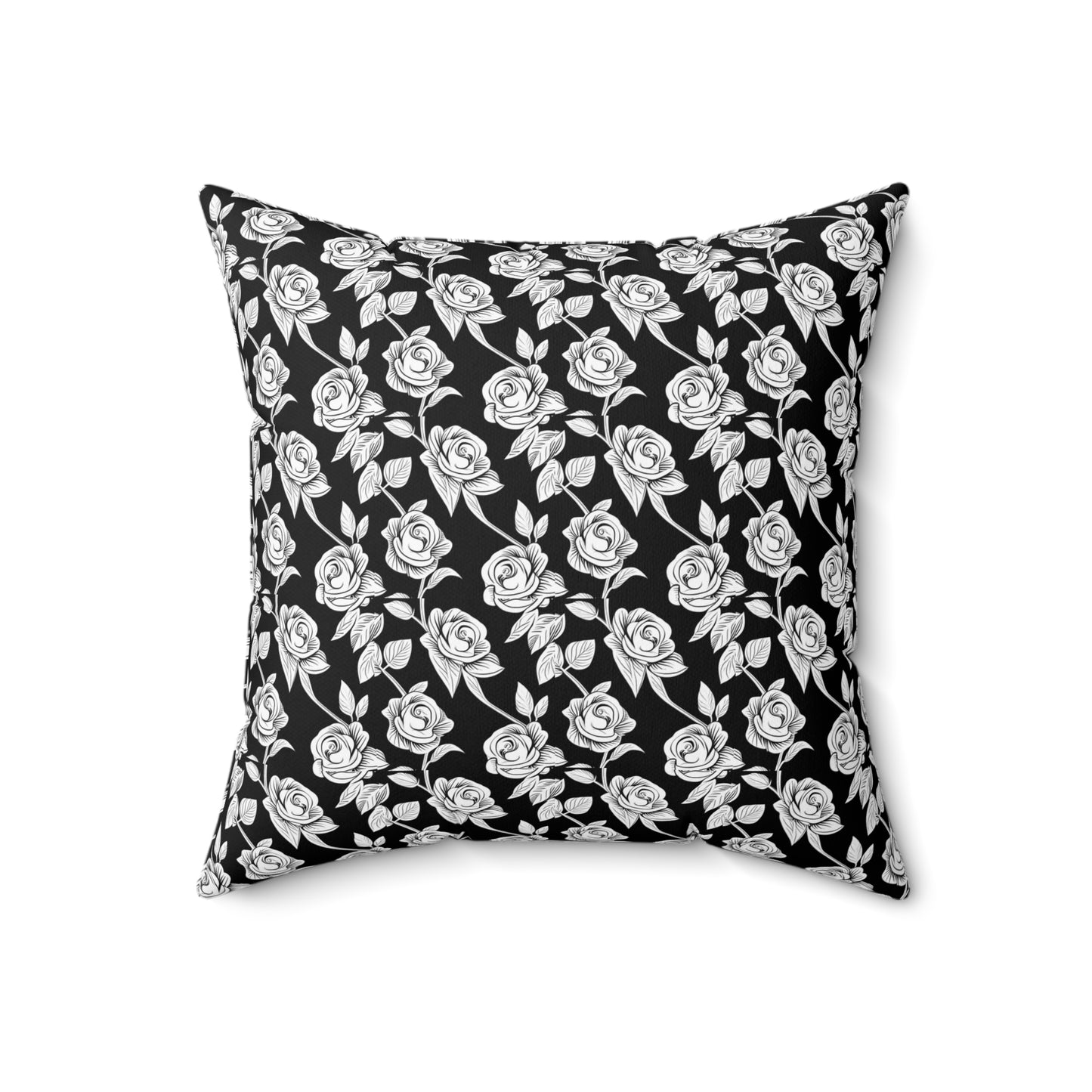 Black W/ White Floral Rose Faux Suede Square Pillow