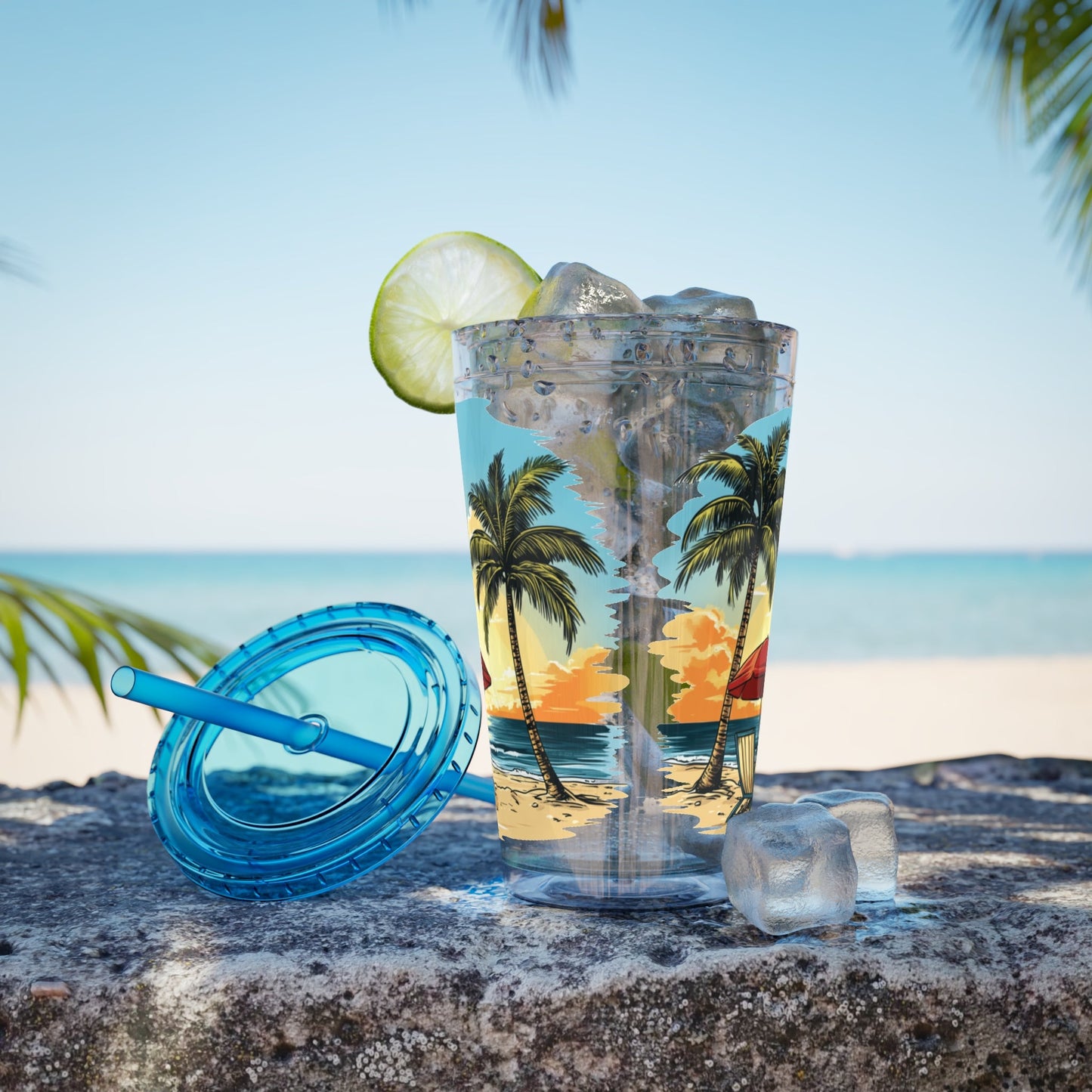 Ocean Palm Breeze Sunsplash 16oz Travel Cup with Straw - Ruppy's Creations