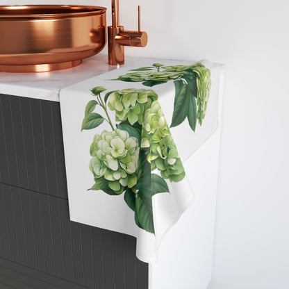 Green Hydrangea on White Polycotton Hand Towel