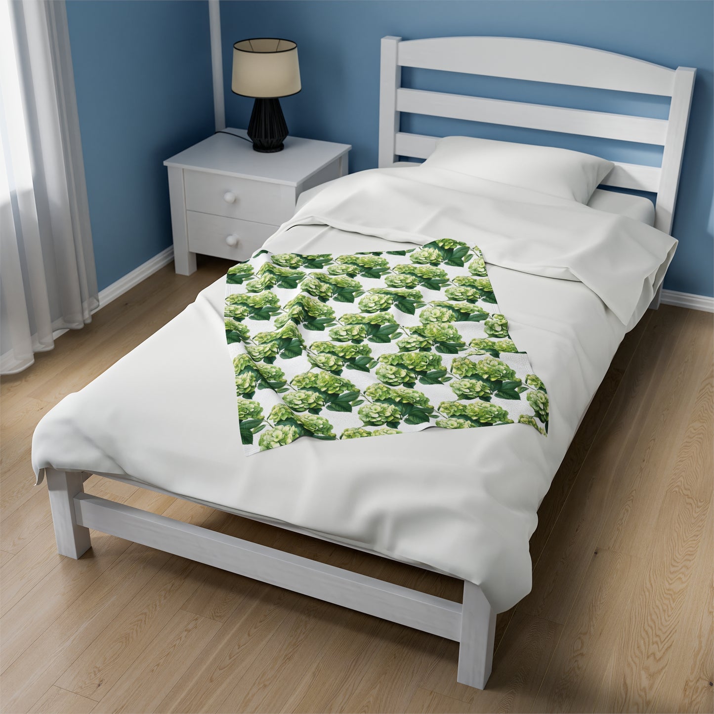 Green Hydrangea on White Velveteen Plush Blanket