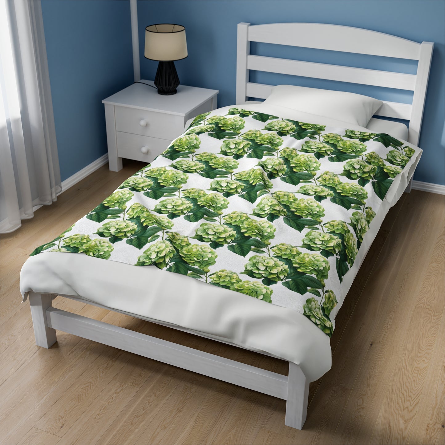 Green Hydrangea on White Velveteen Plush Blanket