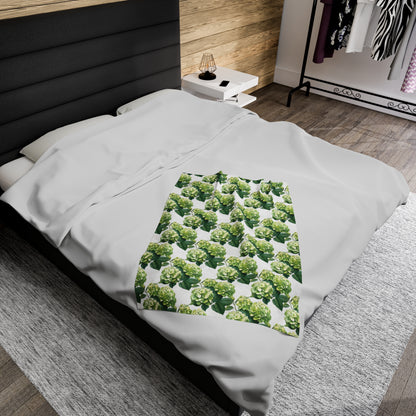 Green Hydrangea on White Velveteen Plush Blanket