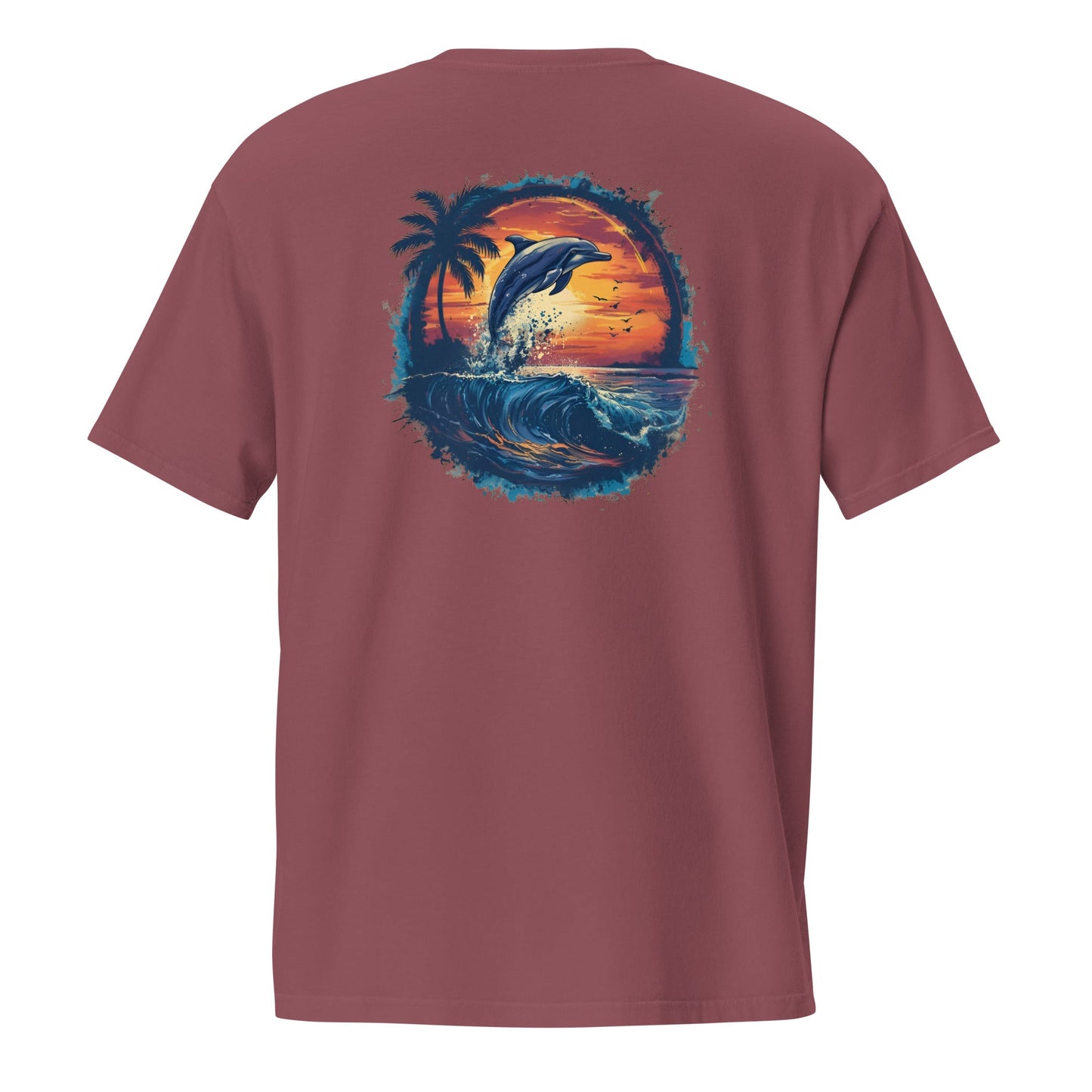 A Dolphin Sunset Back Print Unisex Pocket T-shirt - Ruppy's Creations